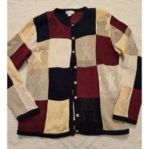 Christopher & Banks Large Star Buttons Patriotic Colorblock Cardigan Sweater